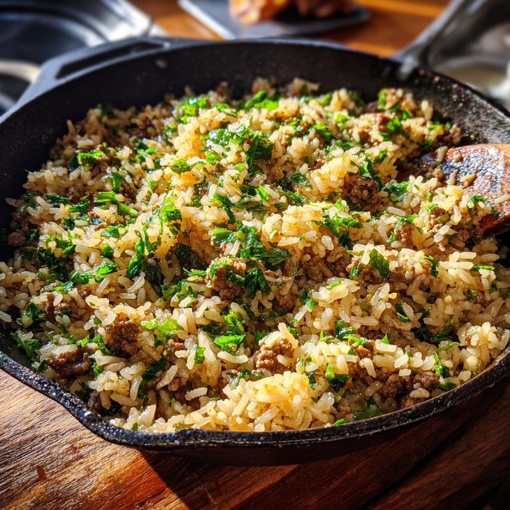 Garlic Butter Ground Beef And Rice Skillet